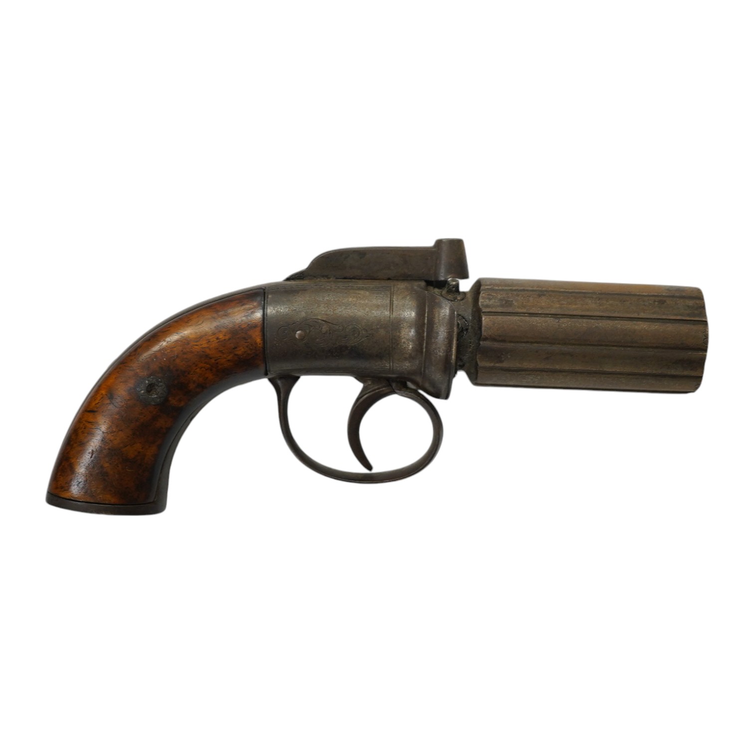 A six shot self-cocking percussion pepper box revolver, Birmingham proofs, foliate engraved round frame and two piece walnut grips, barrel 7cm. Condition - fair